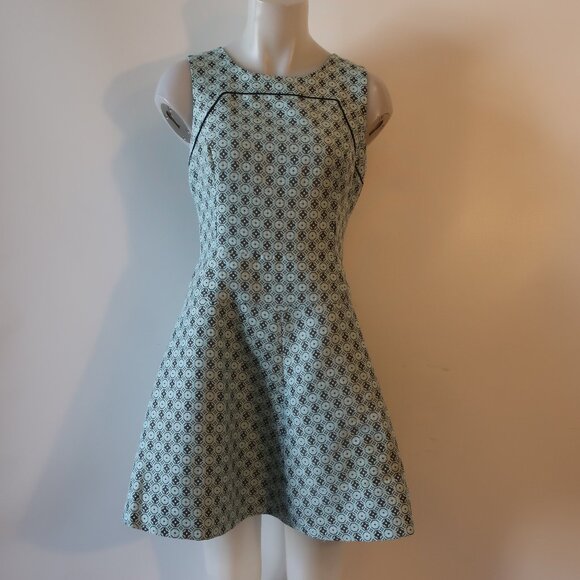 Womens Club Monaco Light Blue Off-Black Sleeveless Fit Flare Jacquard Dress 6 - Picture 1 of 10